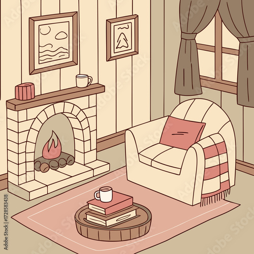Cozy living room with fireplace, armchair, and window in warm, inviting colors