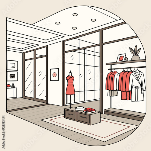 Elegant boutique interior with clothing display, mannequin, and glass partitions