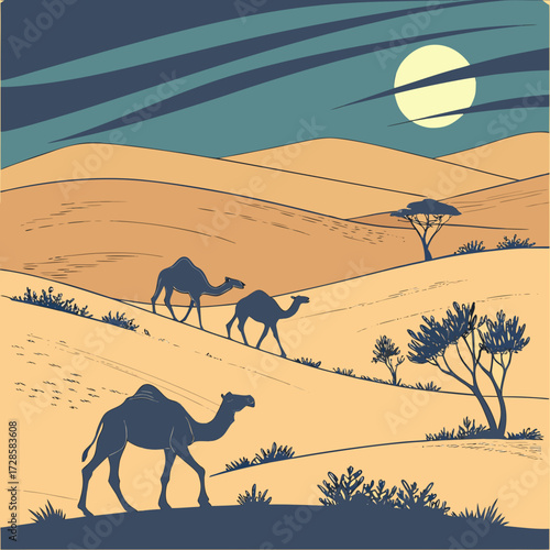 Camels walk through the desert landscape under the moonlight at night