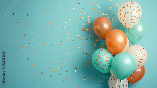 Elegant Balloon Flat Lay in Soft Earth Tones with Golden Confetti on Powder Blue Background