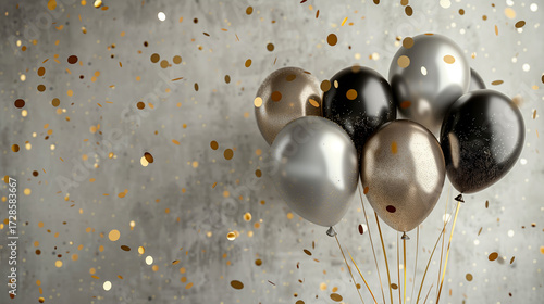 Elegant Balloon Flat Lay in Soft Earth Tones with Golden Confetti on Powder Blue Background