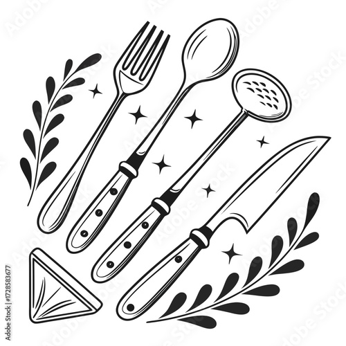 Assorted kitchen utensils with decorative elements