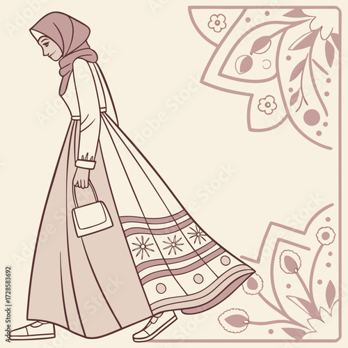 A woman in a hijab and long dress walks with a purse on a beige background