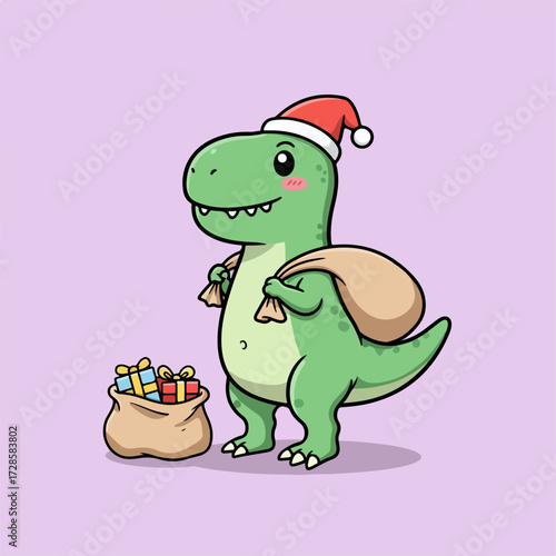 A cute green cartoon dinosaur wearing a Santa hat carries a sack of gifts for Christmas.