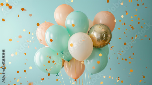 Elegant Balloon Flat Lay in Soft Earth Tones with Golden Confetti on Powder Blue Background
