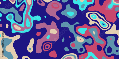 Bold Abstract Organic Shapes Pattern in Deep Blue with Pink Teal and Beige Liquid Flowing Background Design