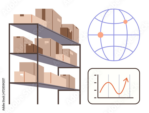 Wallpaper Mural Stacked boxes on metal shelves, stylized earth grid with points, growth chart. Ideal for logistics, shipping, ecommerce, inventory, global trade, economic analysis simple flat metaphor Torontodigital.ca