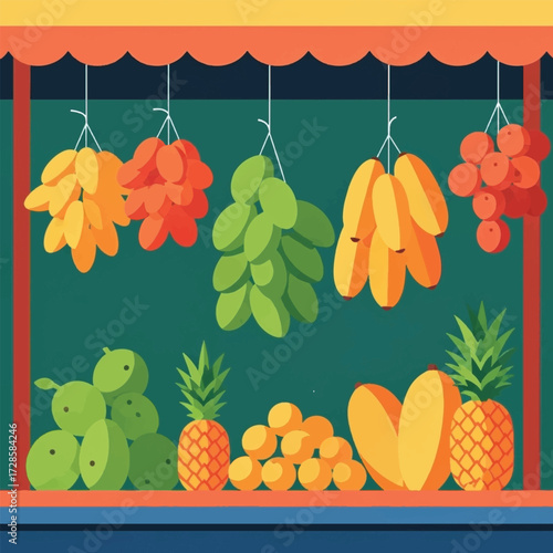 A colorful flat illustration of a fruit stand at a market, displaying a variety of fresh produce like bananas, pineapples, and hanging grapes.