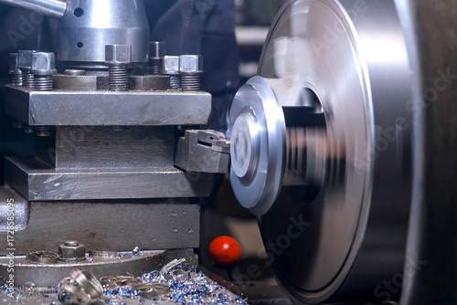 Wallpaper Mural Industrial metal lathe cutting detail creating precision parts on plant. Curly shavings jumps off cylindrical piece. Metalworking metallurgical industry, automated machinery production manufacturing. Torontodigital.ca