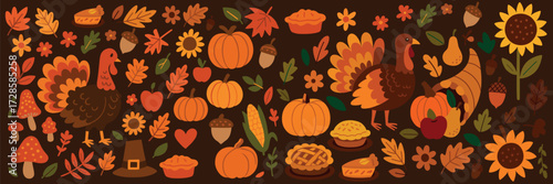 Vintage Thanksgiving Dinner Illustrations – Retro Holiday Icons of Turkey, Pumpkin, Pie, and Autumn Harvest