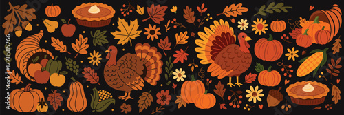 Vintage Thanksgiving Dinner Illustrations – Retro Holiday Icons of Turkey, Pumpkin, Pie, and Autumn Harvest
