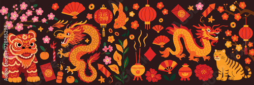 Chinese New Year Illustrations – Retro Holiday Icons of Dragons, Lanterns, Fireworks, and Celebration