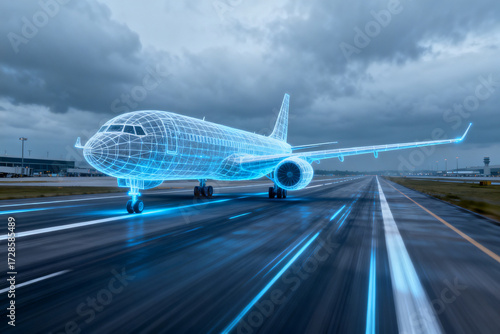 Holographic airplane on runway with digital grid overlay and motion blur effect