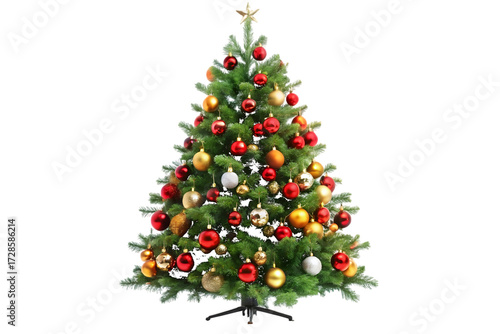 Decorated Christmas Tree with Red Gold and White Ornaments and Star holiday festive isolated on a transparent background