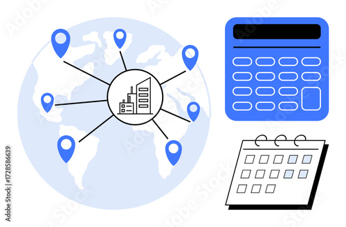 World map with location markers connected to a building, calculator, and calendar. Ideal for logistics, planning, management, global network, productivity scheduling and strategy concepts. A simple