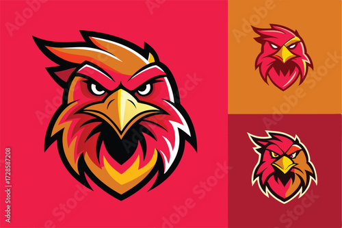 Collage of three aggressive bird head logos in red, orange, and yellow on different backgrounds mascot