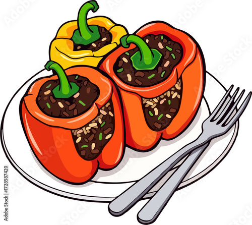 Cartoon Vector Illustration of Colorful Stuffed Bell Peppers on Plate with Forks