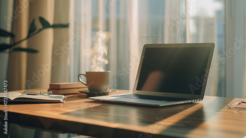 Wallpaper Mural Cozy workspace featuring a laptop steaming coffee and natural light for productivity Torontodigital.ca
