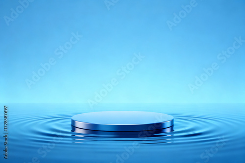 Circular platform floating on water surface with ripple effect against blue background