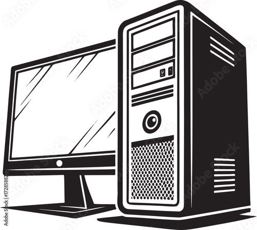 Black and white illustration of a desktop computer tower and monitor screen technology