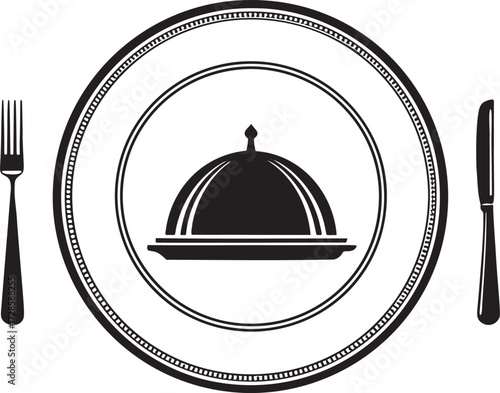 Black and white illustration of a dinner plate with cloche fork and knife cutlery