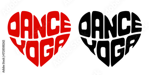 Heart-shaped sticker set featuring "DANCE YOGA" in colorful and black design. Modern practice when body movements are carried out in the directions of energy flows