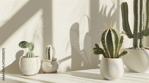 Cactus Potted Plant on a White Background Table – a minimalist and refreshing visual. The clean white setting highlights the natural charm of the cactus, creating a calming and stylish composition.
