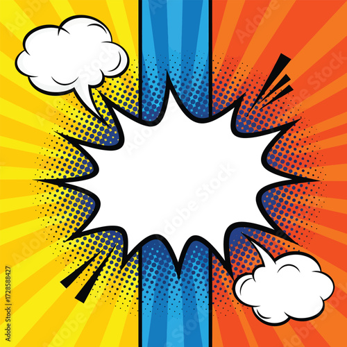 Dynamic comic book explosion burst with blank speech bubbles, perfect for bold announcements or exciting headlines.