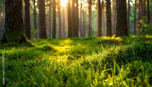 Golden sunlight filters through a pine forest