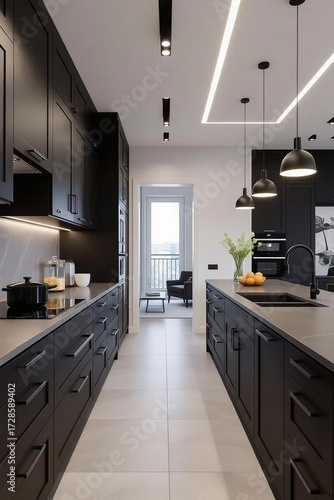 Wallpaper Mural Modern Black Galley Kitchen with Island and LED Lighting Torontodigital.ca