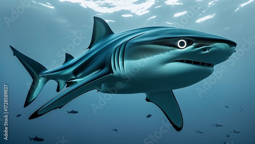 Full-body lanternshark juvenile in dim glow profile with eye ring and fins, isolated on white