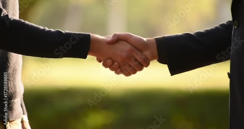 Two individuals shaking hands outdoors in sunlight