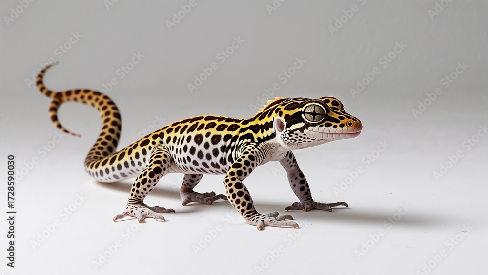Naklejka premium Full-body leopard gecko walking with tail curved and eyes alert, isolated on white