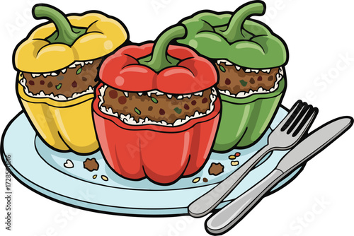 Cartoon Vector Illustration of Colorful Stuffed Bell Peppers on Plate with Cutlery