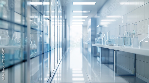 Symmetrical Laboratory Corridor with Glass Cabinets and Scientific Equipment Displayed on Shelves
