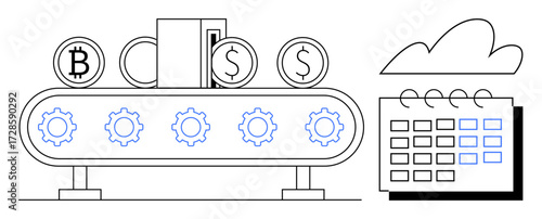 Conveyor belt moves currency icons, gears emphasize automation, calendar suggests scheduling. Ideal for finance, automation, productivity, analytics, cryptocurrency planning digital economy. Clean