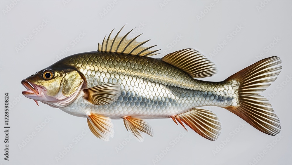 Obraz premium Full-body Nile perch swimming laterally with silver scales and fins wide, isolated on white