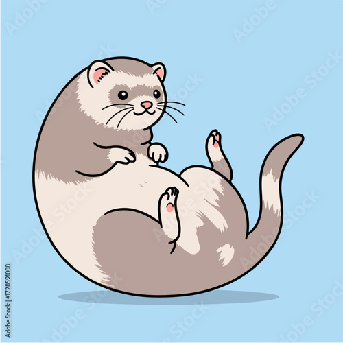 A playful cartoon illustration of a ferret lying on its back, looking happy and relaxed.