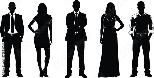 Business professional silhouette vector, male and female figures, formal attire poses, ideal for corporate design, fashion reference, and branding projects