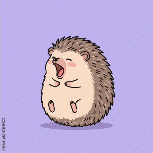 Cartoon illustration of a cute hedgehog yawning with its mouth open, on a light purple background.