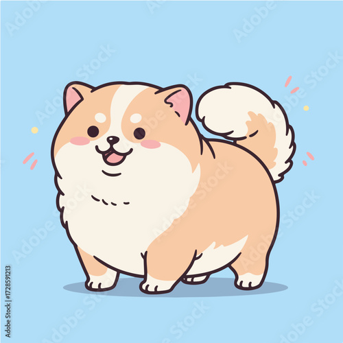 A cute and chubby cartoon Pomeranian dog smiling happily with a fluffy tail on a blue background.