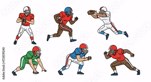 A dynamic collection of diverse cartoon American football players in various action poses, showcasing different team uniforms and essential game equipment.