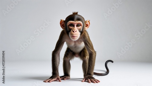 Full-body proboscis monkey juvenile standing with ears forward and limbs low, on white
