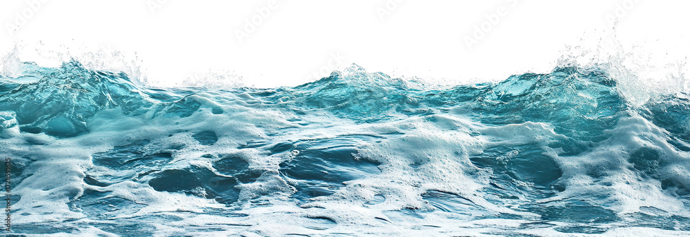 Fototapeta premium Blue sea wave with white foam and water spray, isolated on transparent cutout background