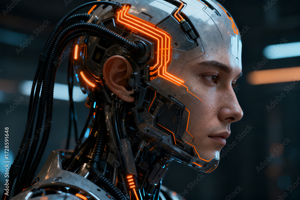 Fototapeta premium Cyborg with illuminated neural circuitry and advanced mechanical features in a futuristic setting