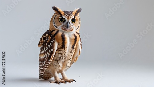Full-body pygmy owl perched upright with feathers puffed and eyes wide, on clean white