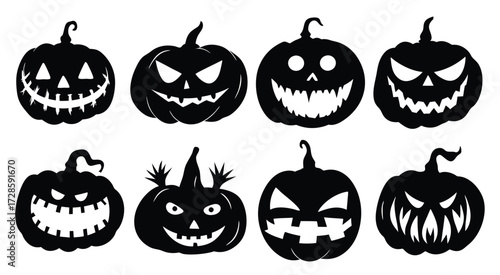 halloween silhouettes isolated black pumpkins bundle vector illustration