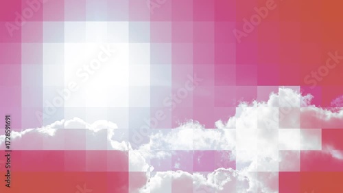 Orange and pink sky with the sun and white clouds moving across the image from left to right. Illustration for global warming and air pollution. Mosaic graphic effect. Seamless looping animation.