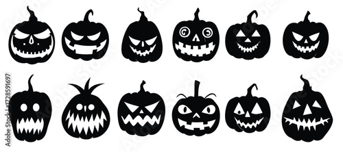 halloween silhouettes isolated black pumpkins bundle vector illustration