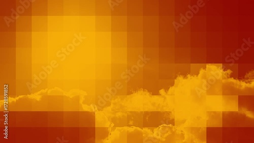 Red and orange sky with clouds crossing the image from left to right. Illustration for global warming and air pollution. Mosaic graphic effect. Seamless looping animation.